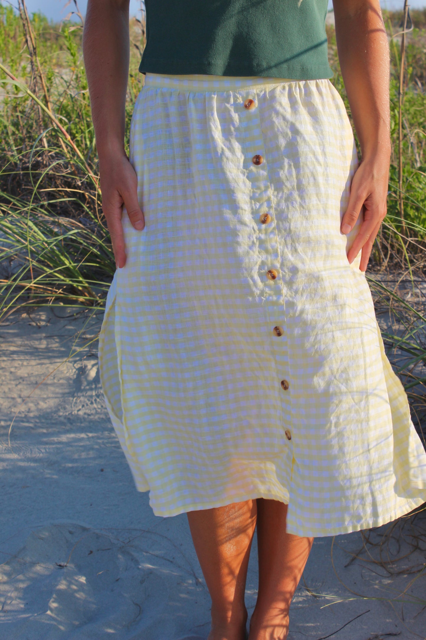Faithful the Brand | Gingham Button Midi Skirt, XS