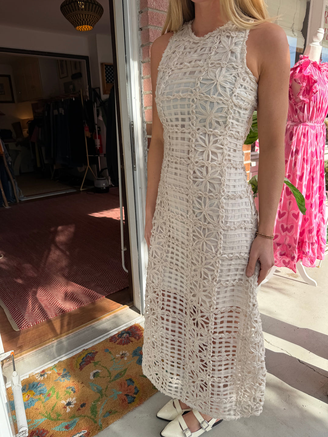 Endless Rose (Anthropolgie) | Ivory Sleeveless Textured Midi Dress, S