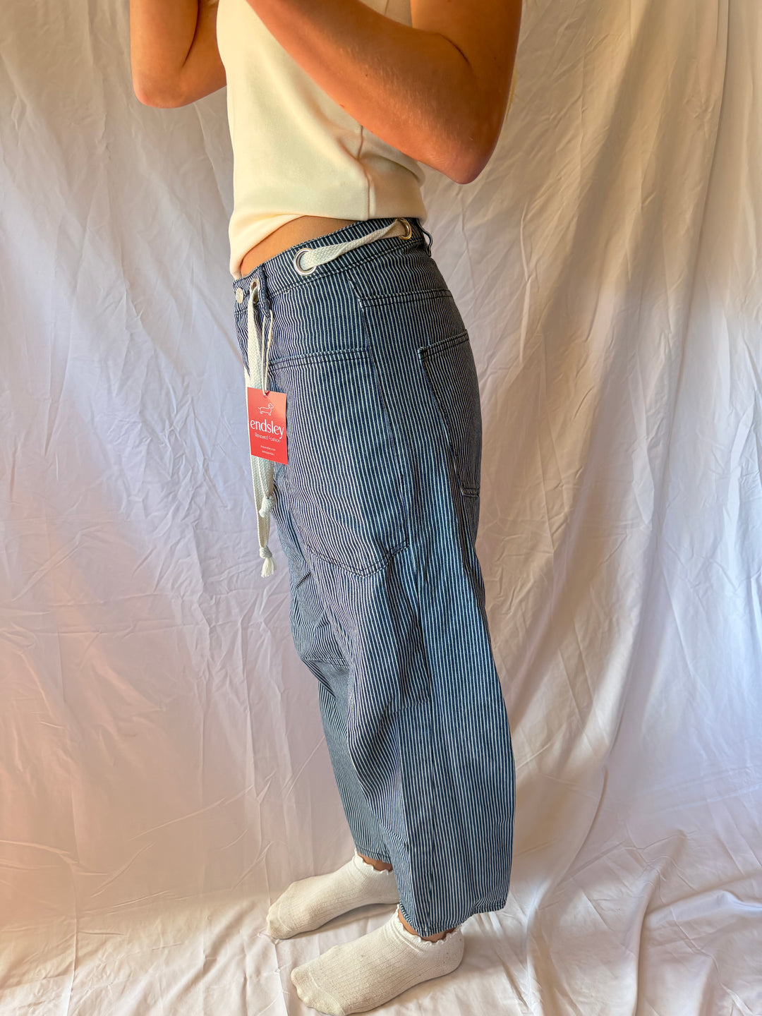 Cali 1850 | Striped Tie Waist Barrel Jeans, 27