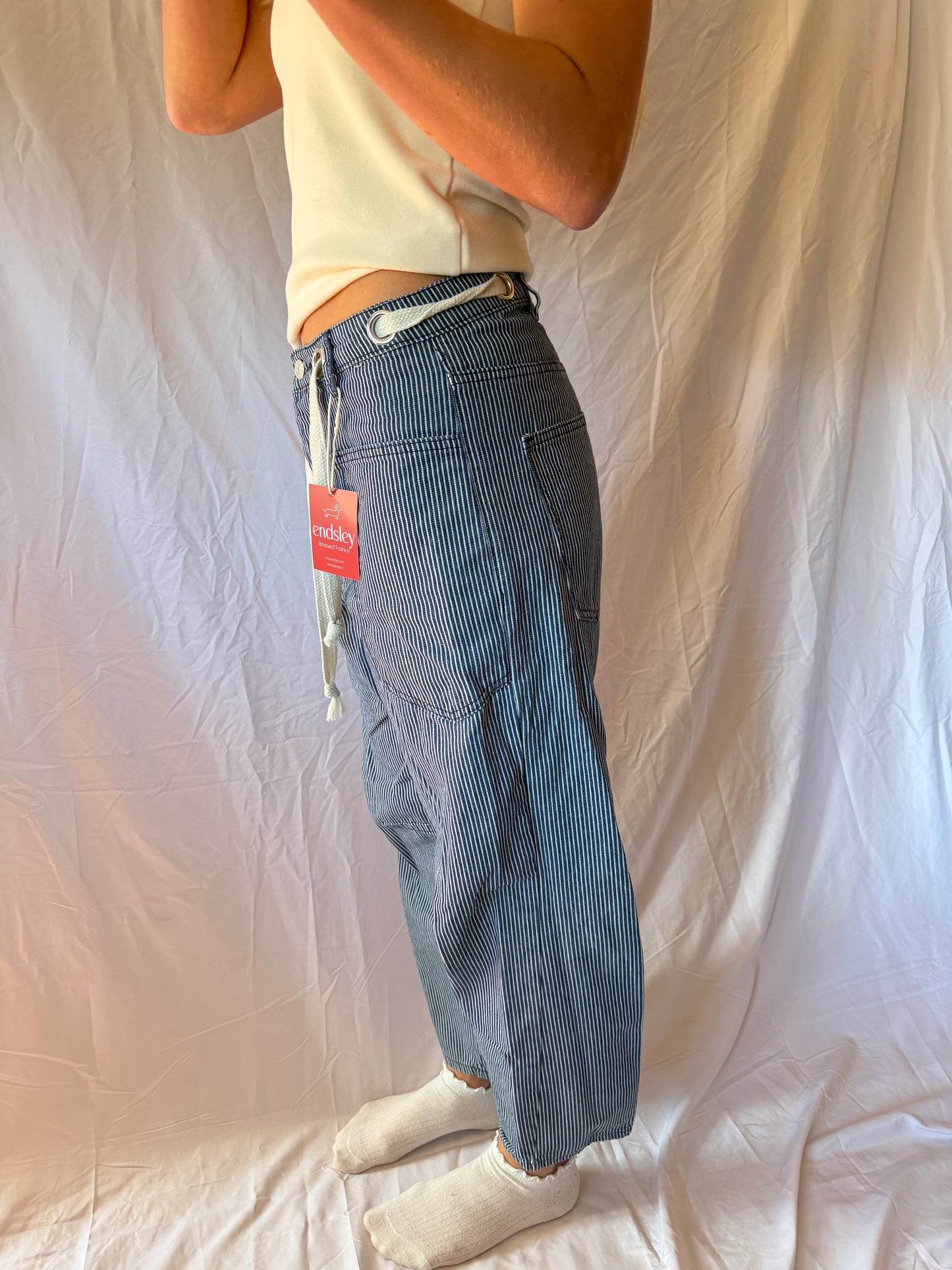 Cali 1850 | Striped Tie Waist Barrel Jeans, 27