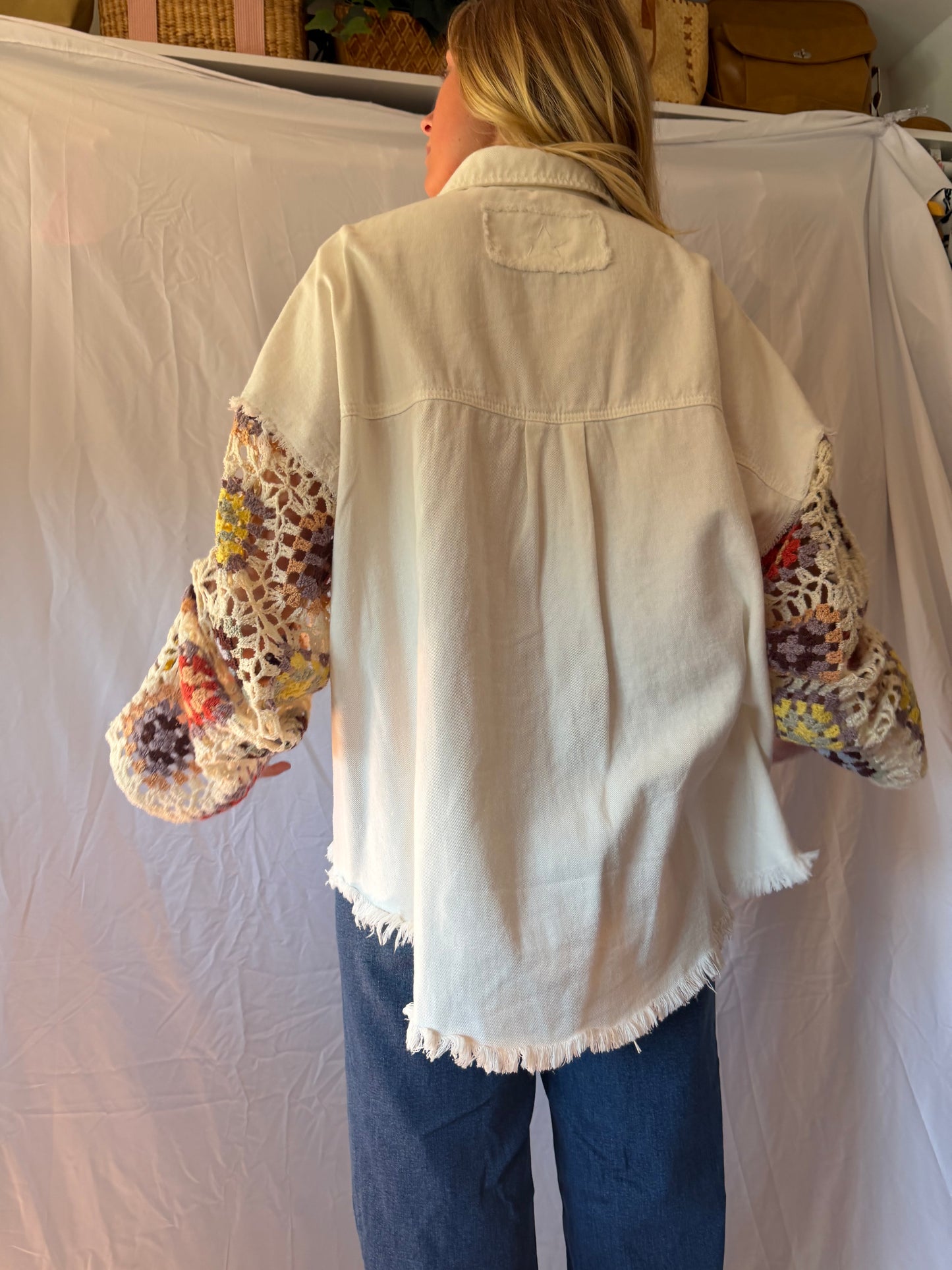 POL | Crochet Sleeve Button Up Jacket, M