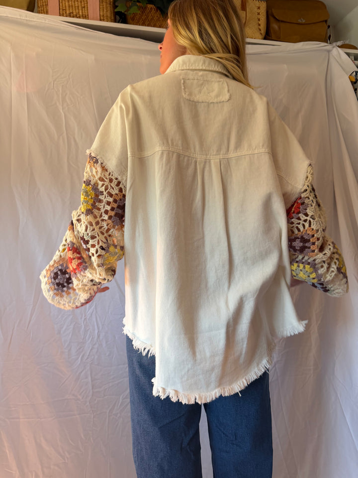 POL | Crochet Sleeve Button Up Jacket, M