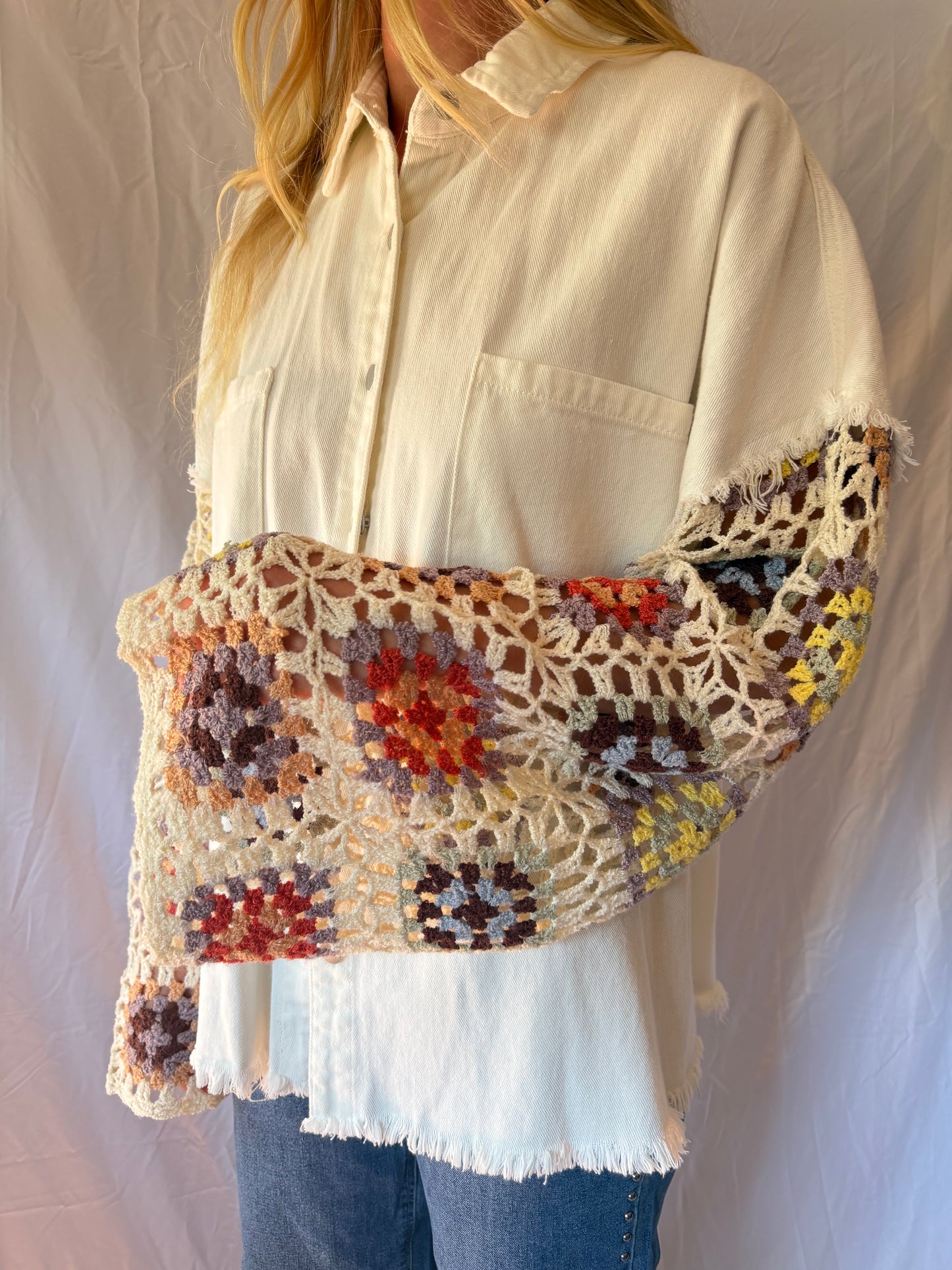 POL | Crochet Sleeve Button Up Jacket, M