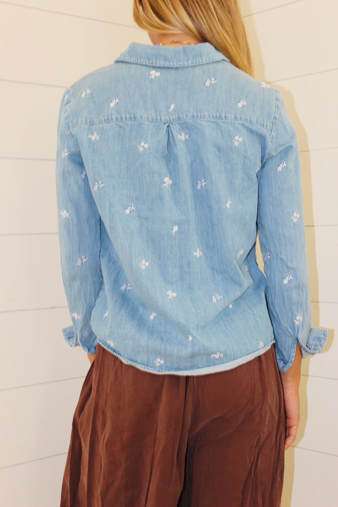 Sezane  | Chambray Embroidered Button Down, 34