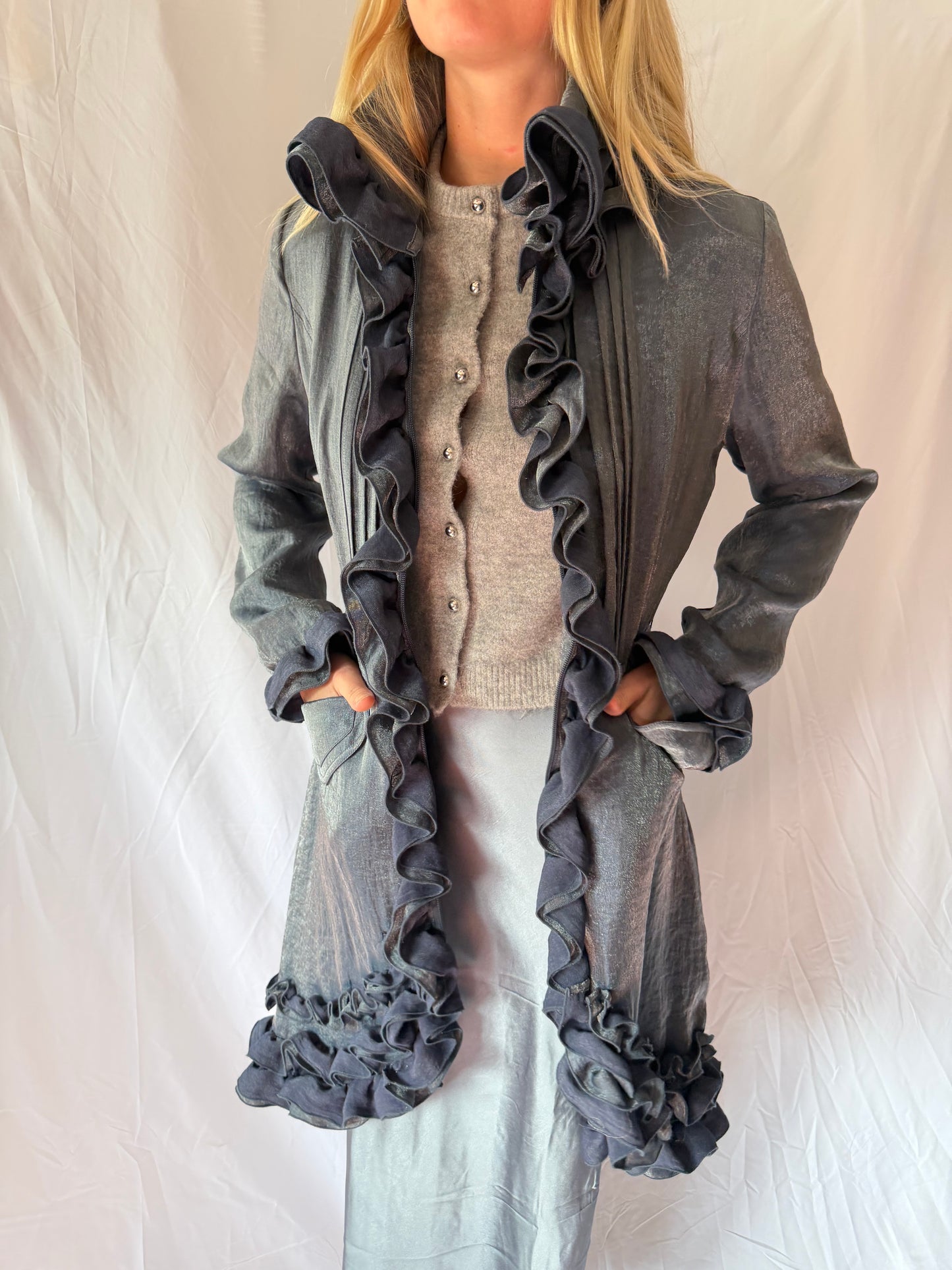 Samuel Dong | Ruffle Belted Zip Up Jacket, S