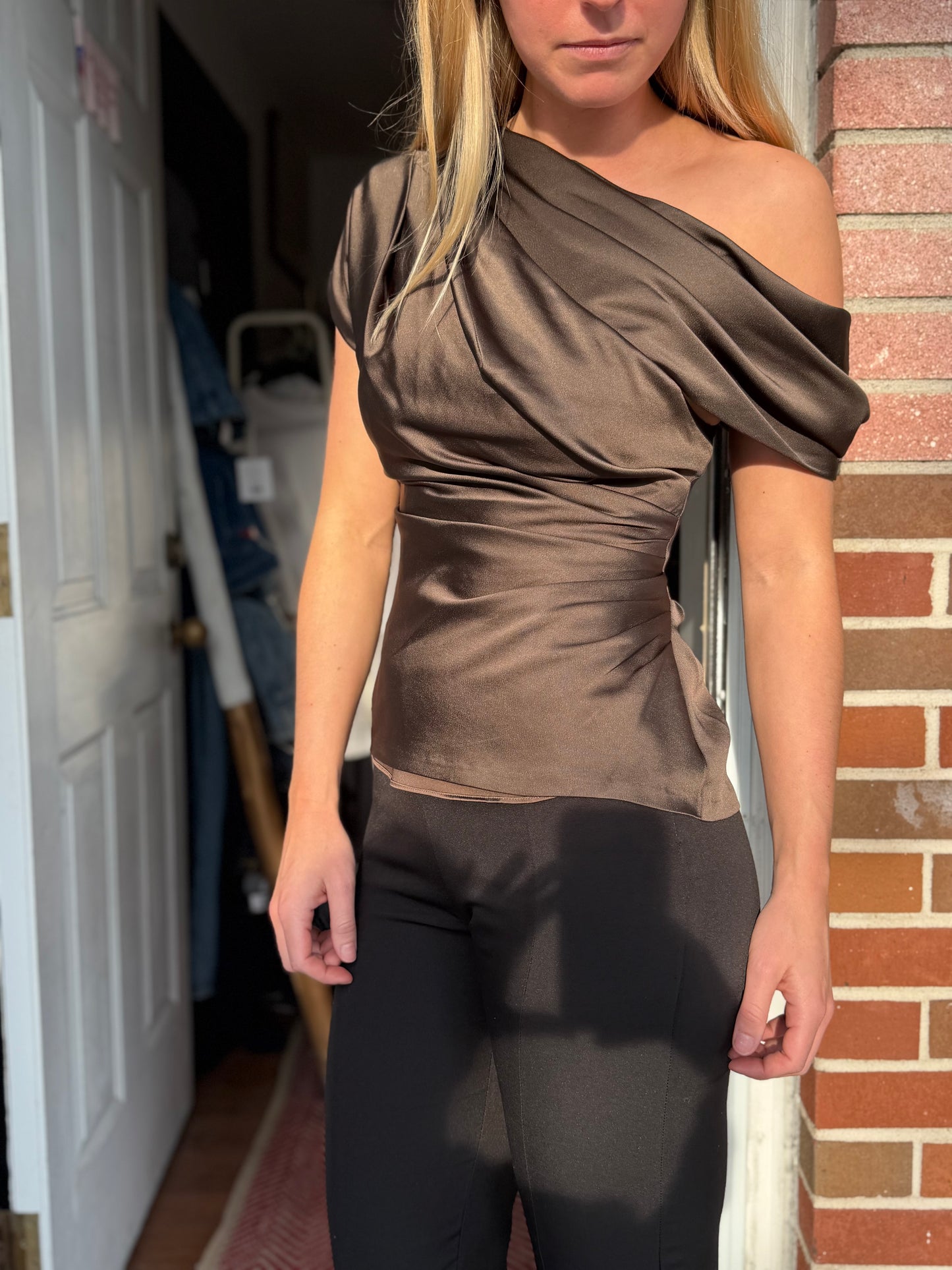 SIMKHAI | Brown Draped Satin Top, 0