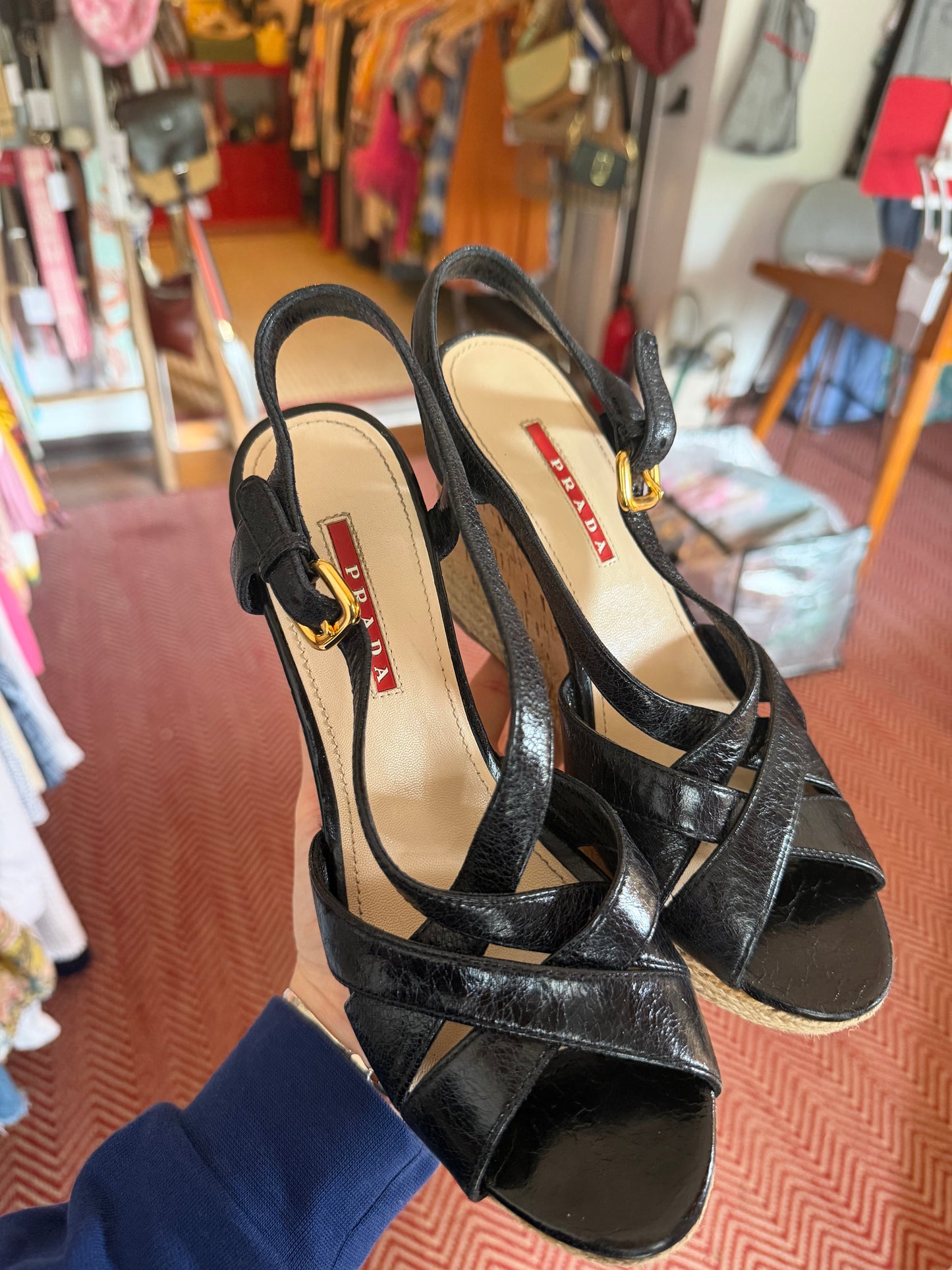 Prada | Patent Leather Cork Wedge, 7.5
