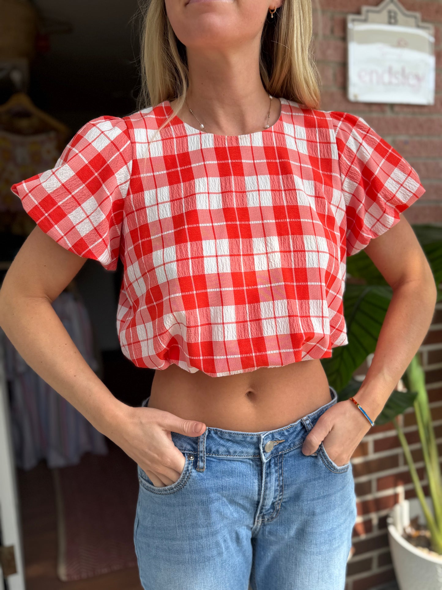 Showmeyourmumu | Puffed Shoulder Plaid Top, S