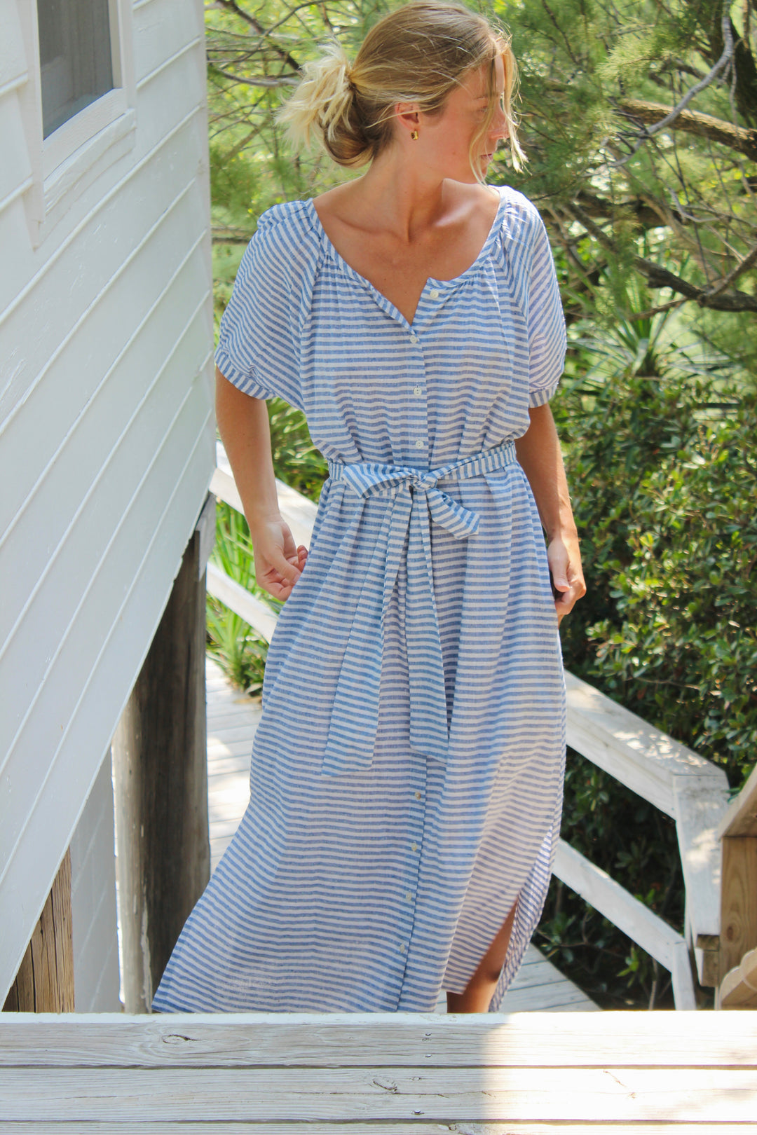 Darling  | Striped Linen Tie Belt Dress, S