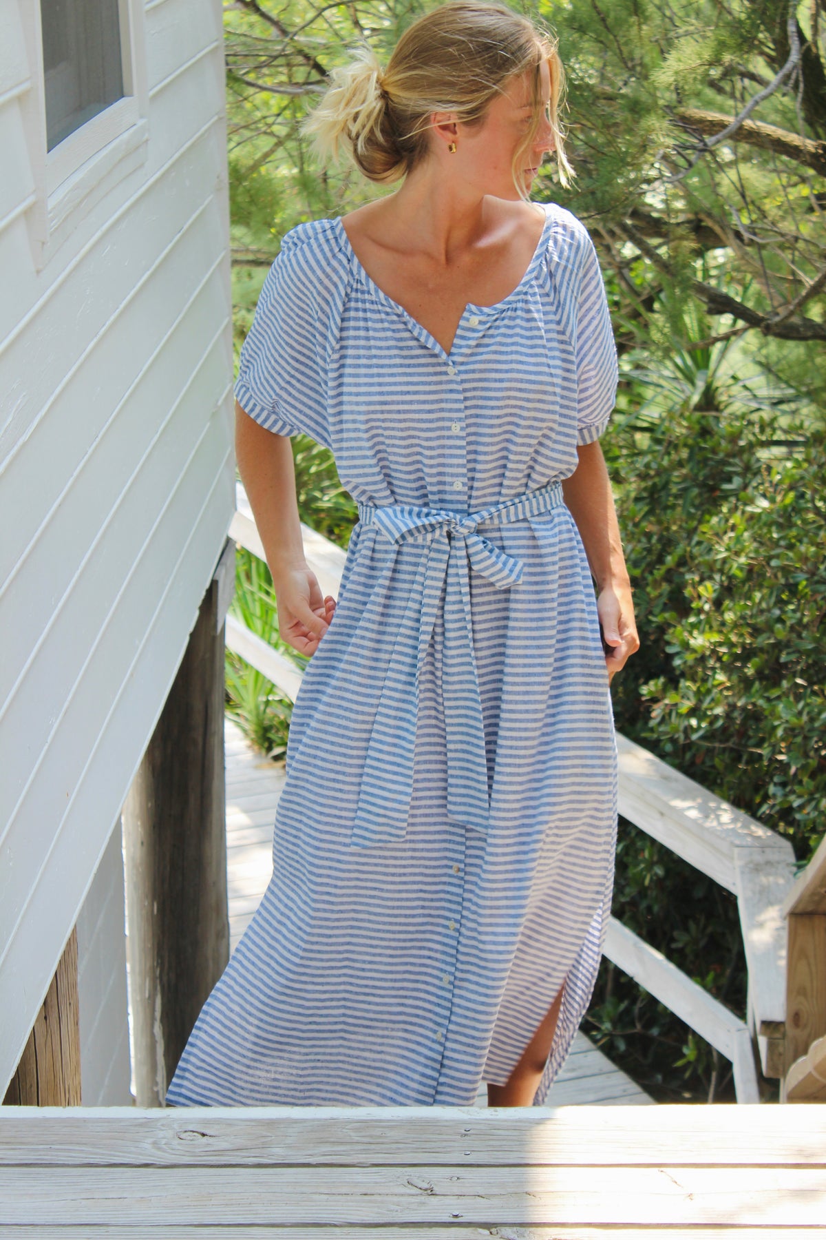 Darling  | Striped Linen Tie Belt Dress, S