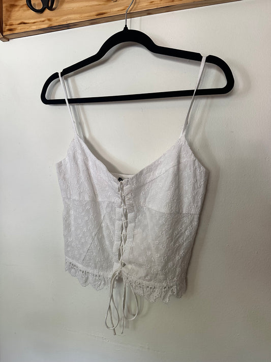 Zara | Lace Up Floral Emboridered Ruffle Tank Top