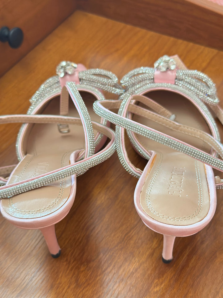 Hayixia | Pointed Toe Crystal Bow Heels | Light Pink