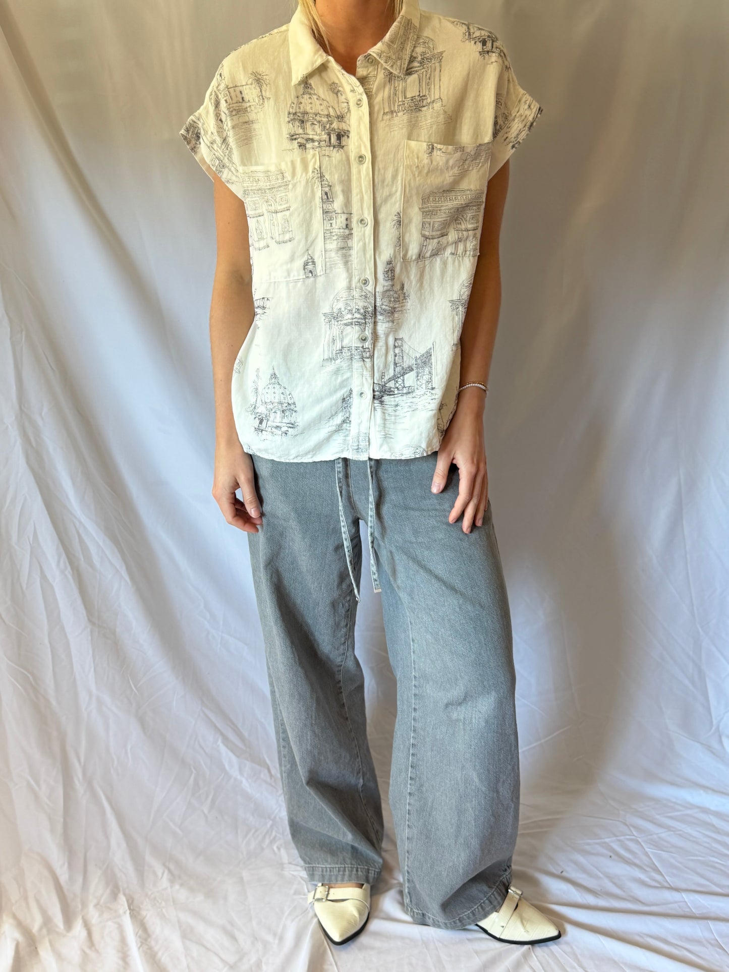 Fate | Linen Euro Print Button Up, M