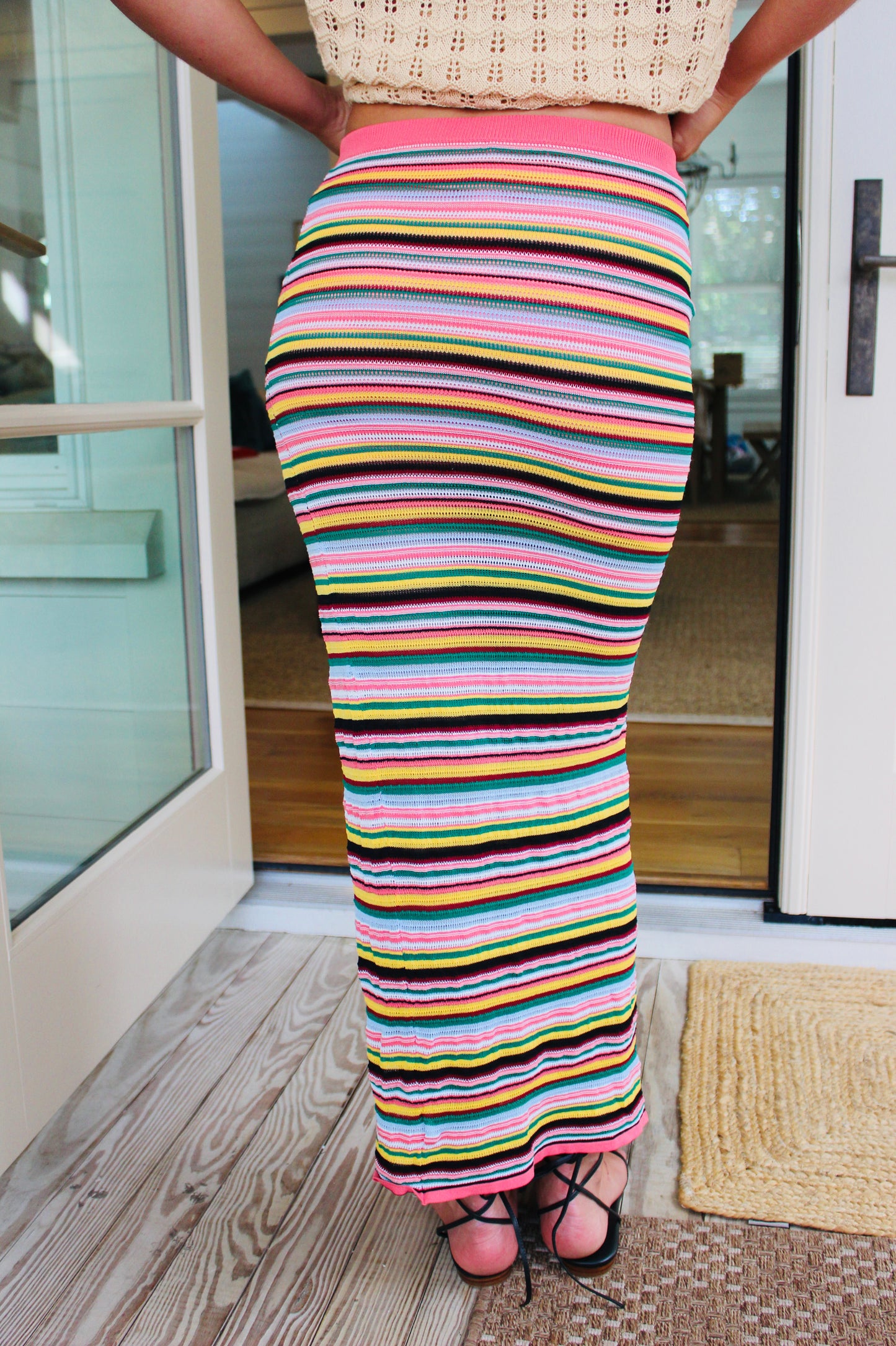 Which We Want  | Striped Crochet Side Slit Skirt, S