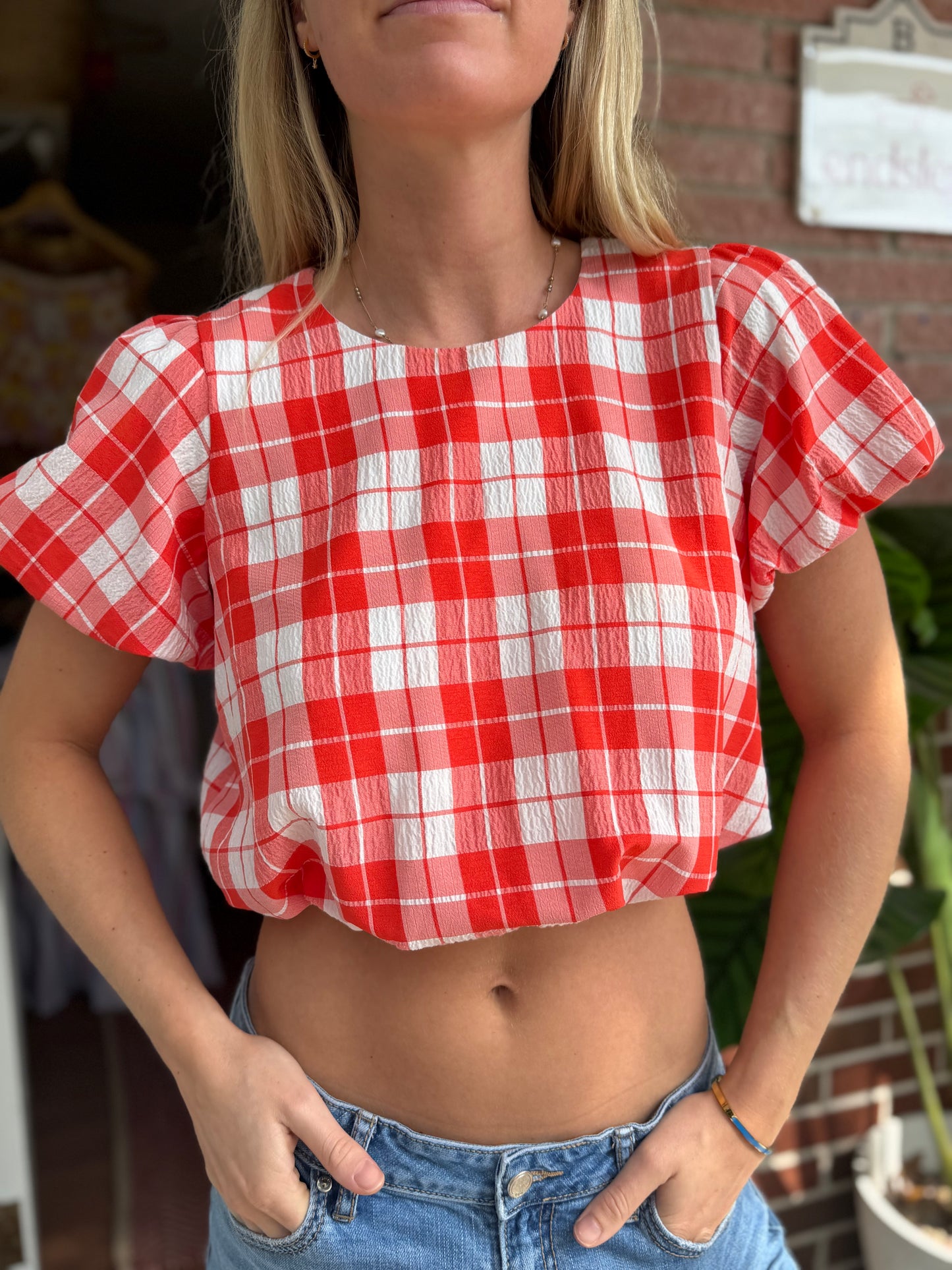 Showmeyourmumu | Puffed Shoulder Plaid Top, S