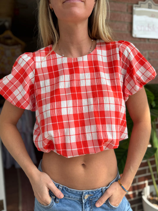 Showmeyourmumu | Puffed Shoulder Plaid Top, S