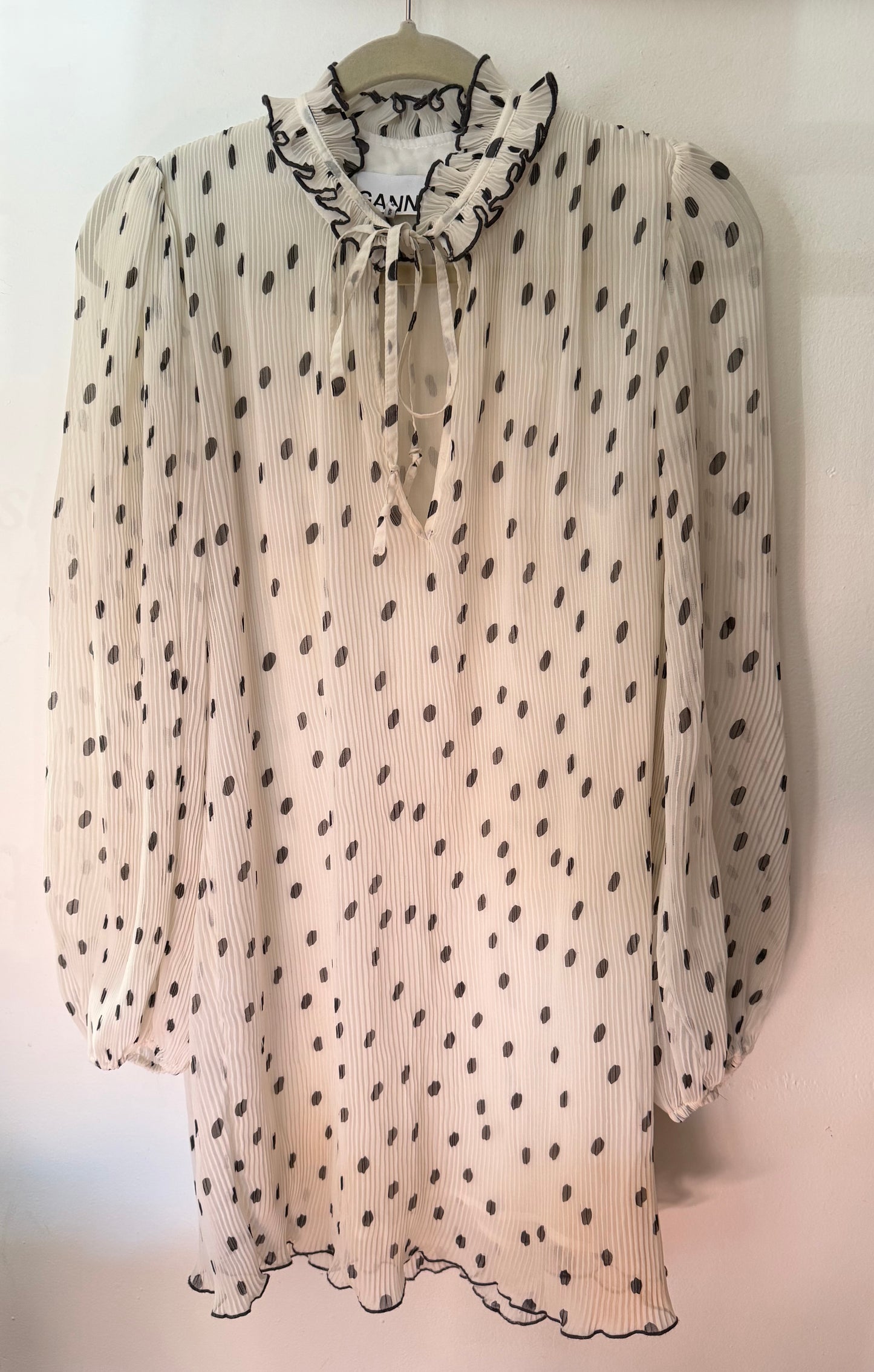 Ganni | White Chiffon Pleated Polka Dot White Dress - Ruffle Neck Detail, M