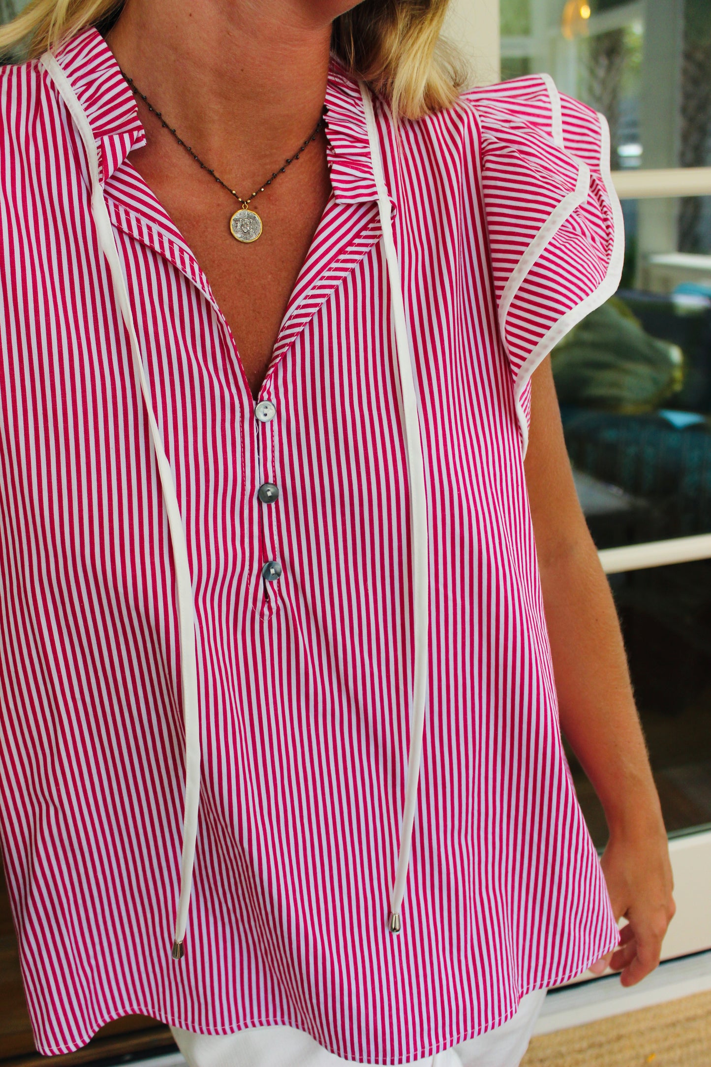 Entro | Red Striped Tie Blouse, M