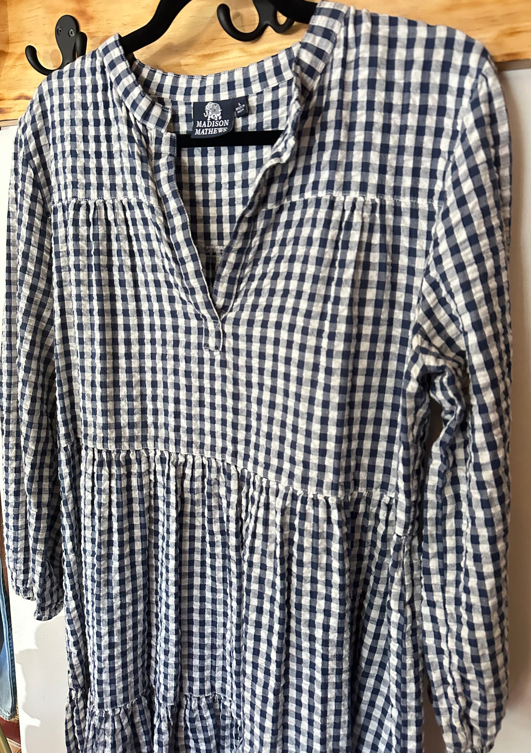 Madison Mathews ~ Navy Gingham Long Sleeve Dress, L