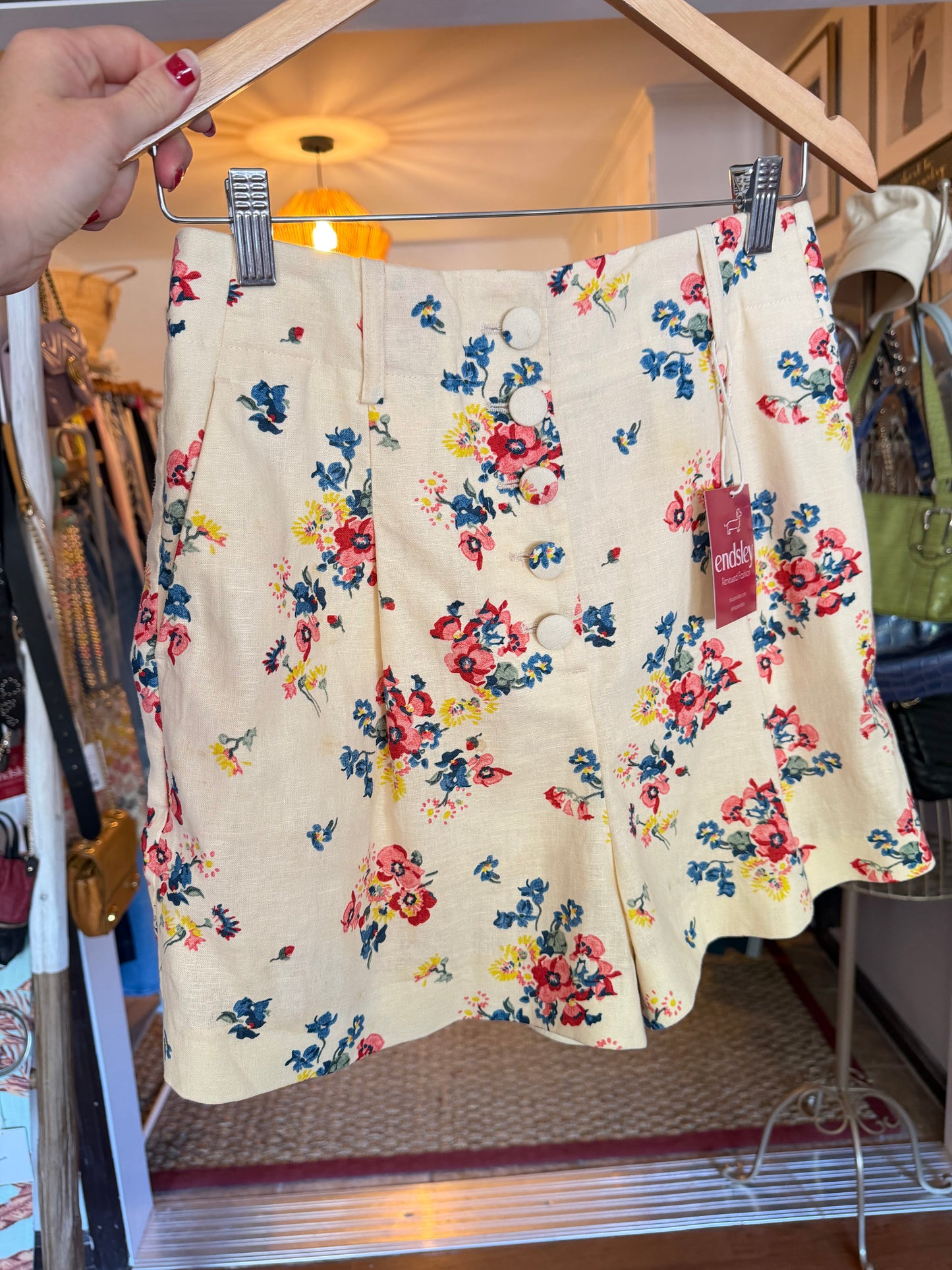 Sezane | Ecru Floral Linen Blend High Waisted Shorts, 36
