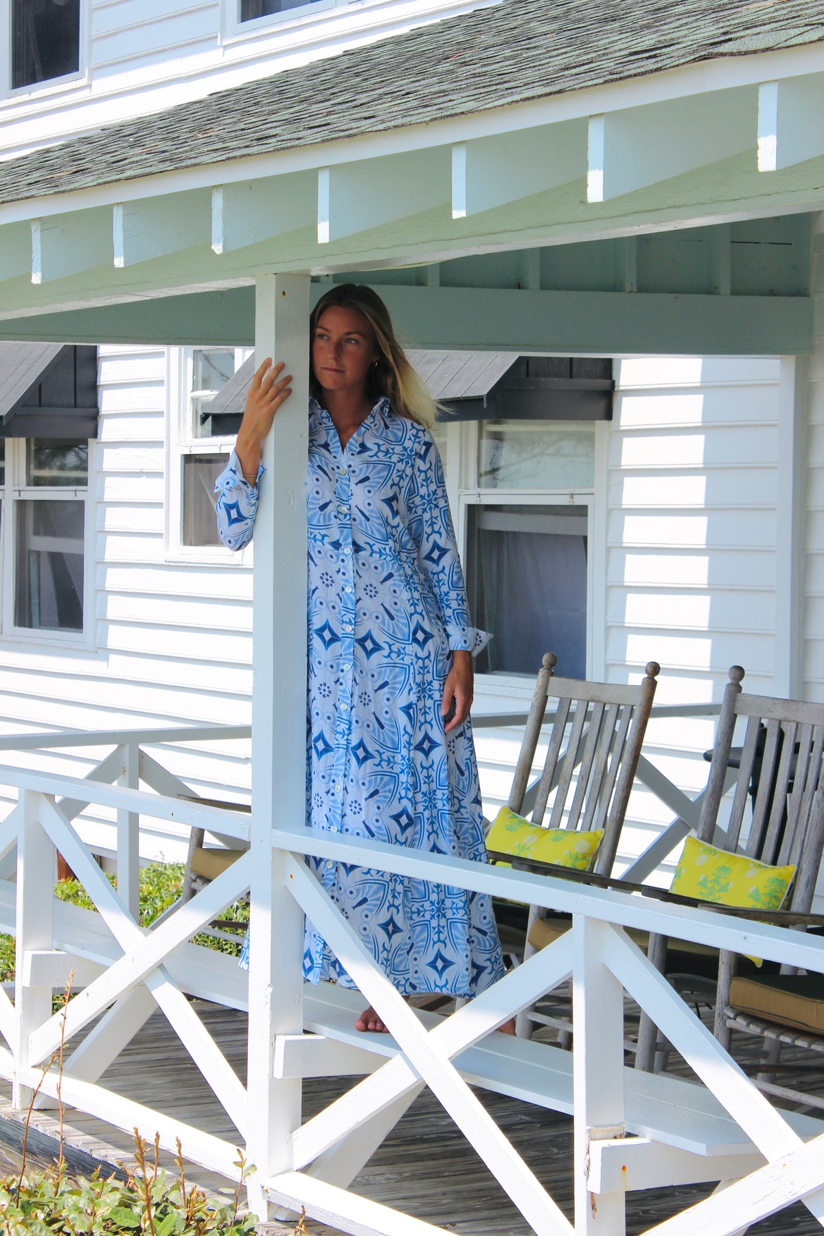 Mario Romano | 100% Linen Printed Maxi Button Down Dress, XS