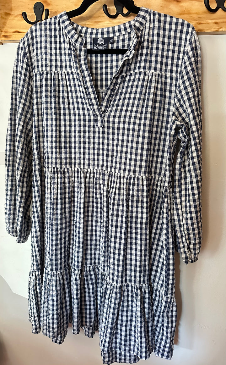 Madison Mathews ~ Navy Gingham Long Sleeve Dress, L