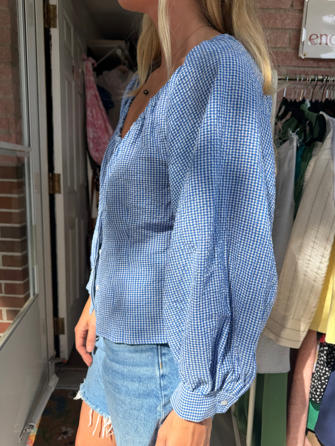Tuckernuck | Micro Gingham Seersucker Quinn Blouse, M
