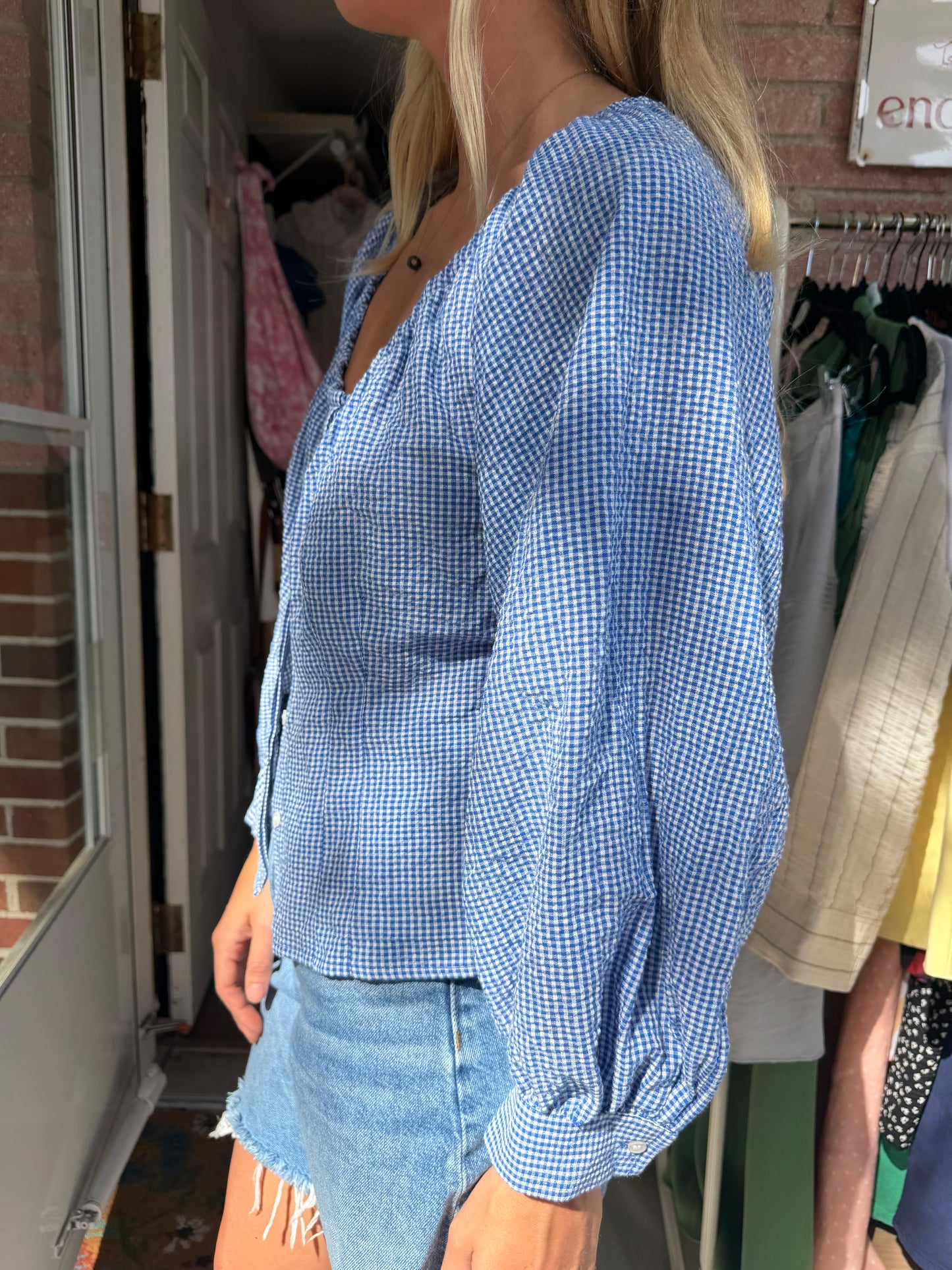 Tuckernuck | Micro Gingham Seersucker Quinn Blouse, M