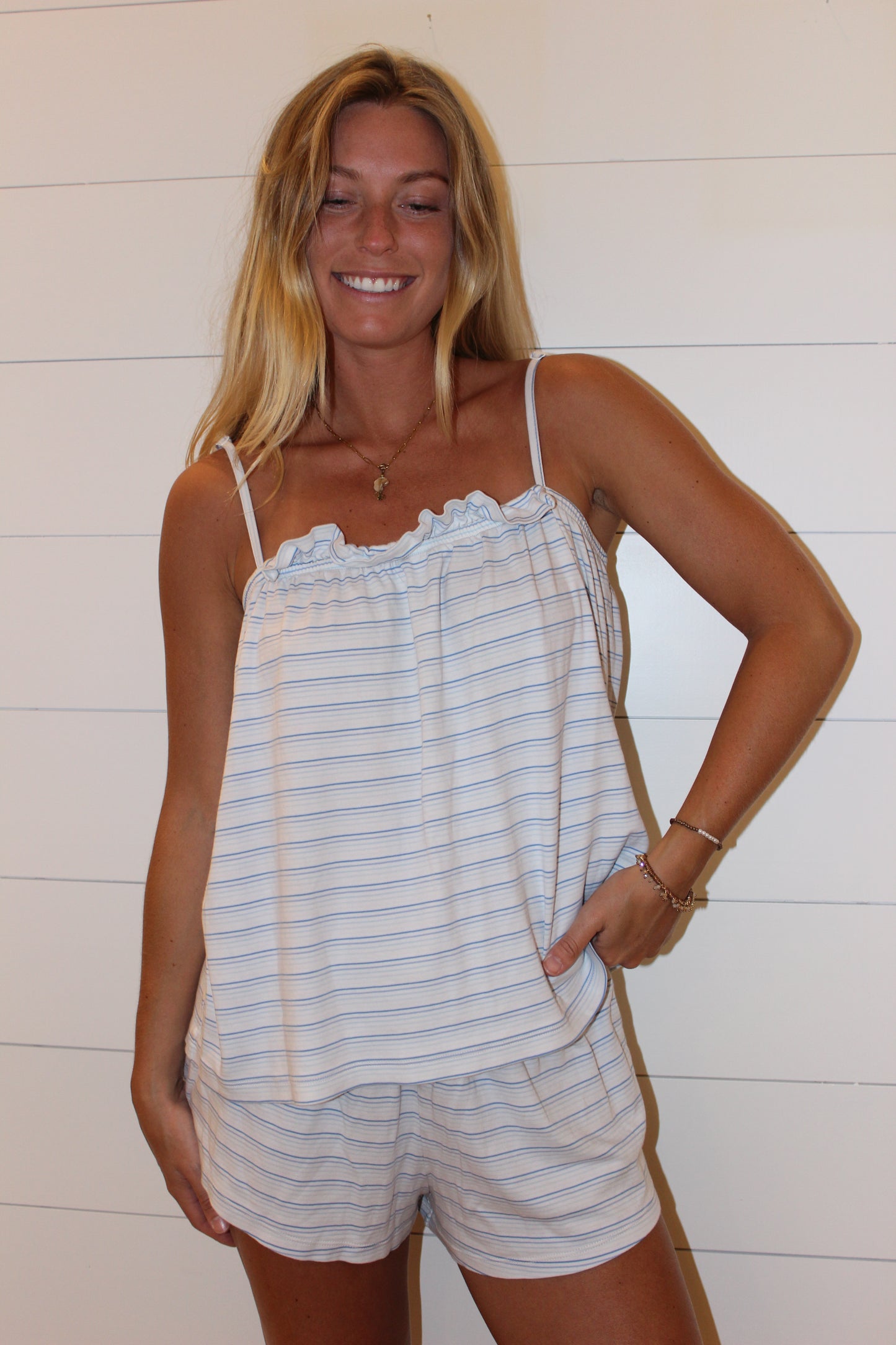 Lake | Striped Ruffle Pajama Set, L