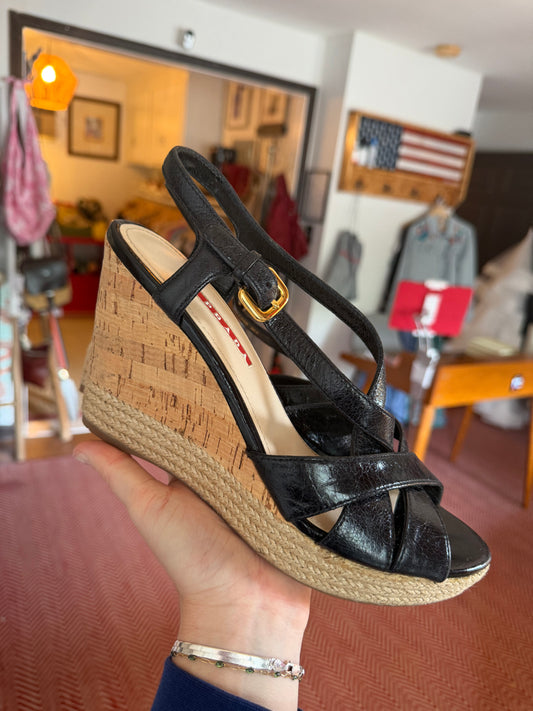 Prada | Patent Leather Cork Wedge, 7.5