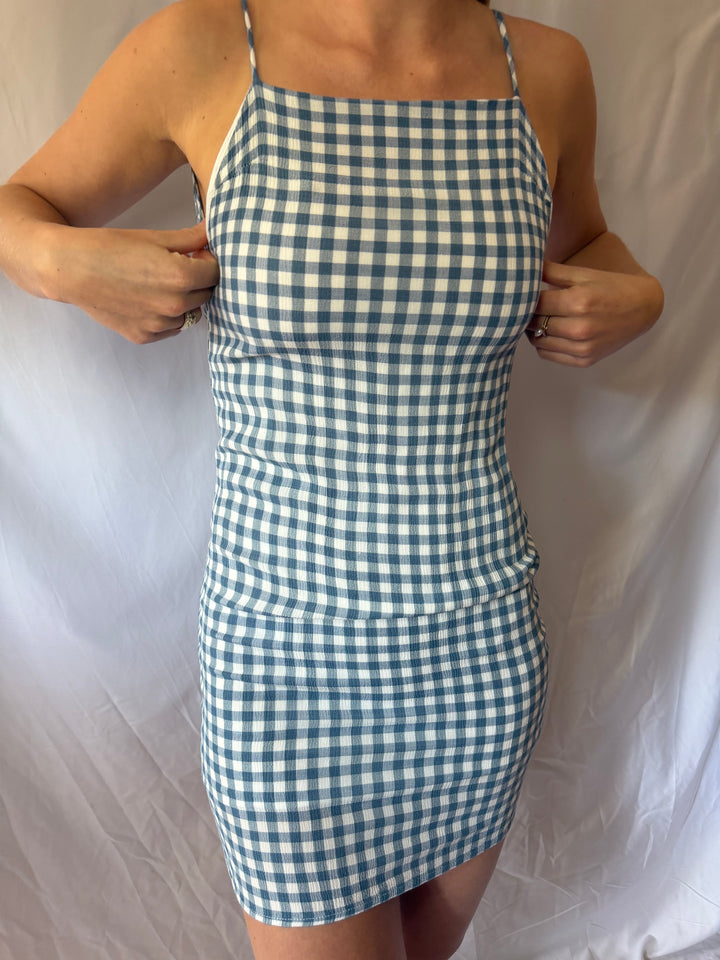 Olivaceous | Gingham Open Back Midi Dress, S
