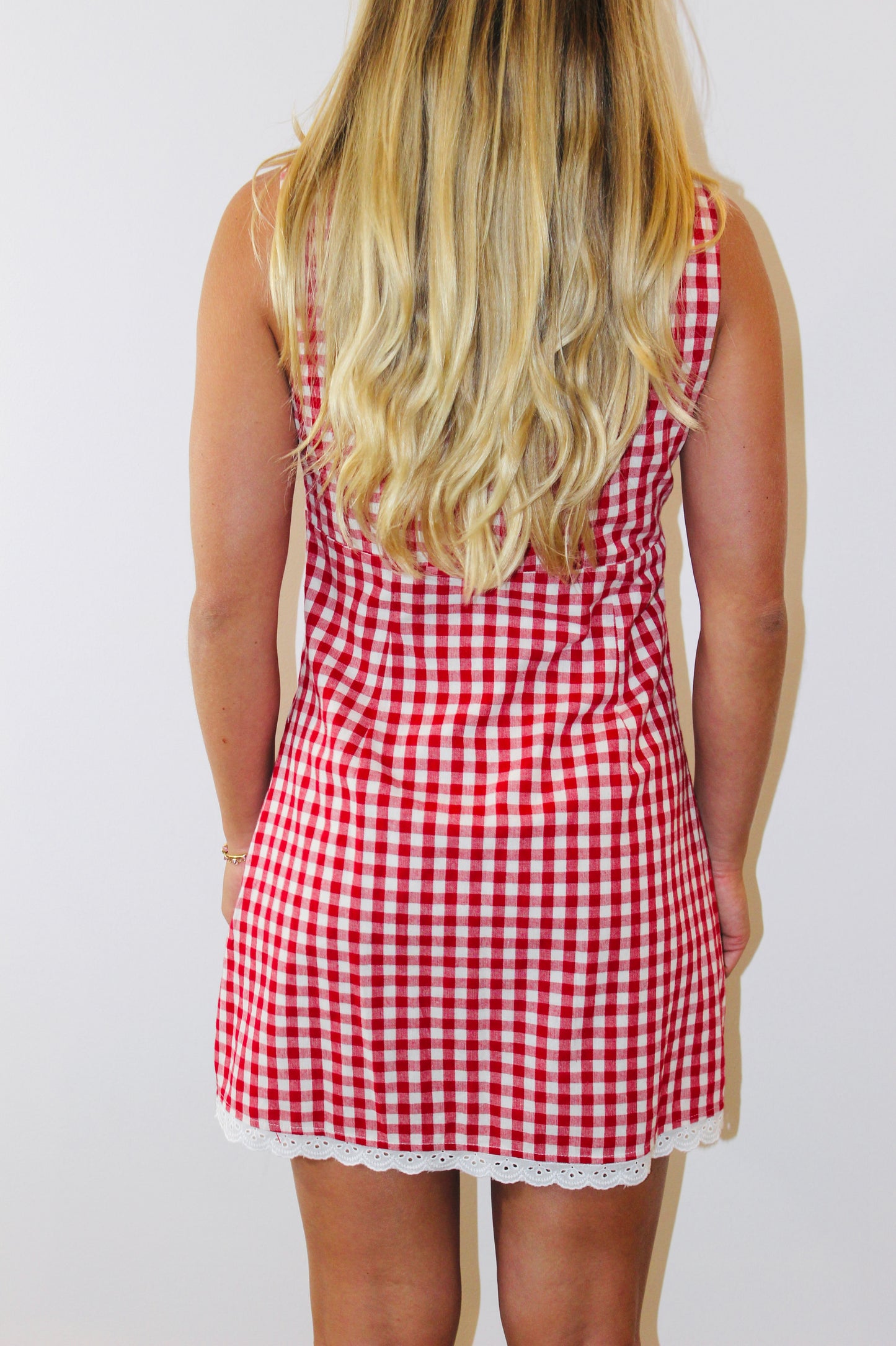 Here Comes The Sun | Gingham Lace Trim Dress, M