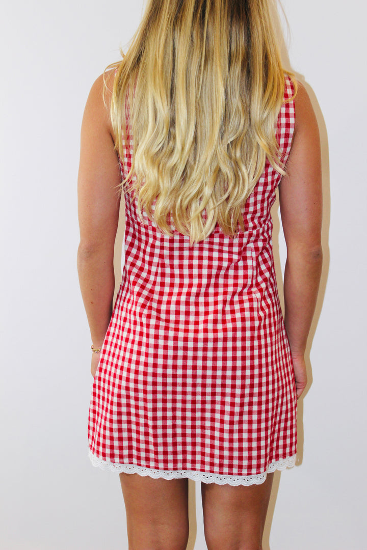 Here Comes The Sun | Gingham Lace Trim Dress, M