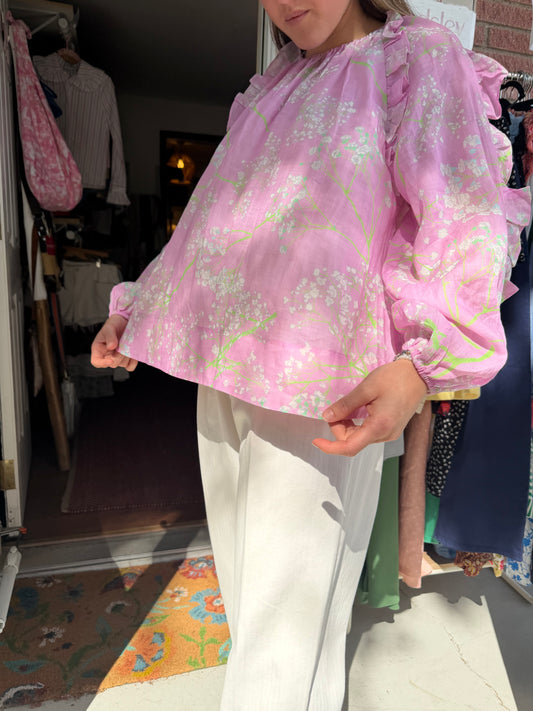 Cynthia Rowley | 100% Ramie Floral Long Sleeve Blouse, L