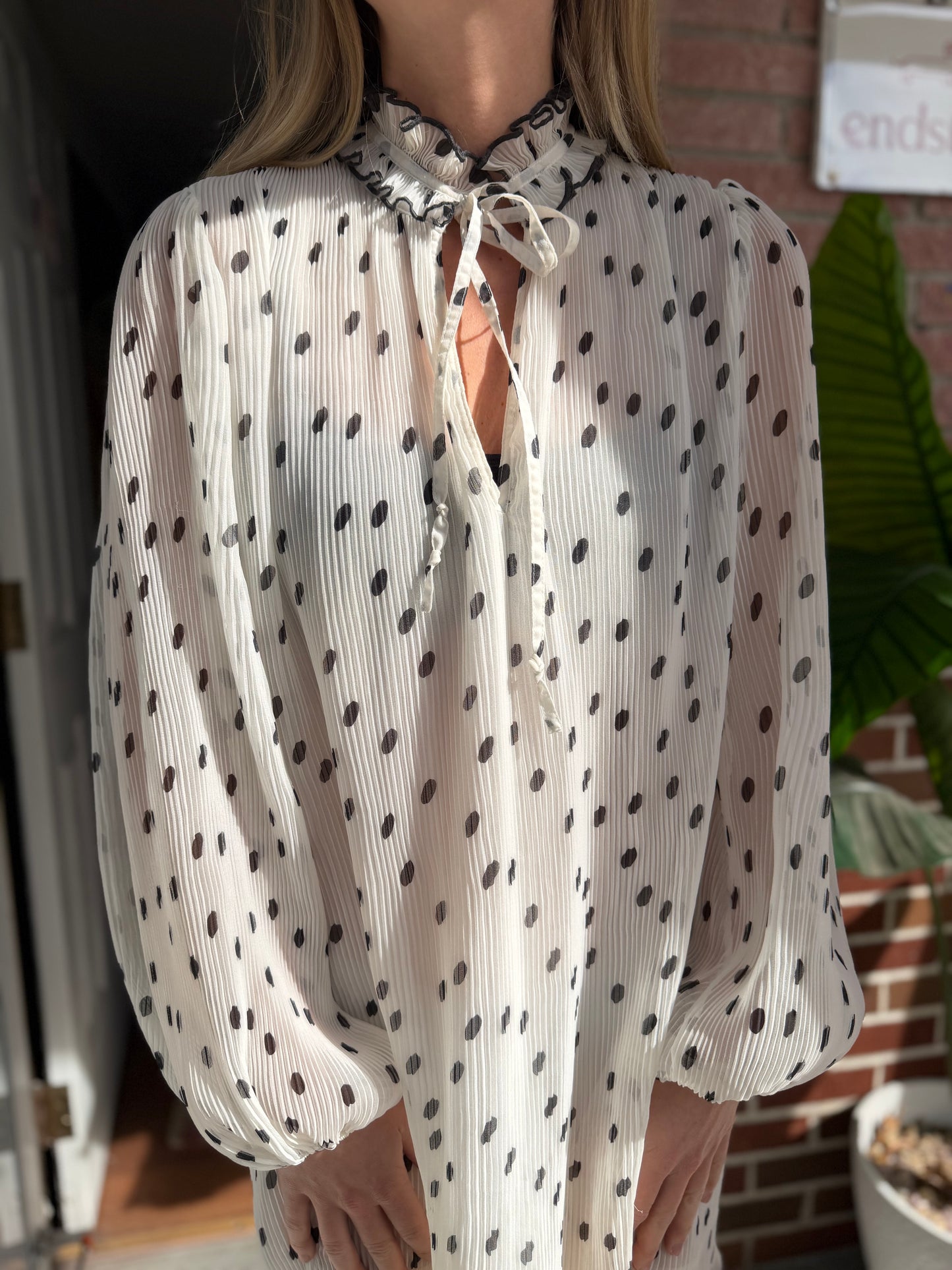 Ganni | White Chiffon Pleated Polka Dot White Dress - Ruffle Neck Detail, M