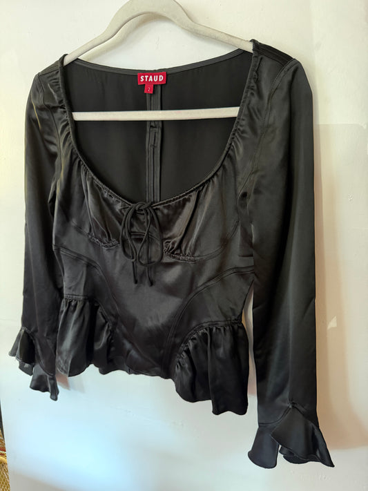 Staud | Black Silk Corset Long Sleeve Top, 2