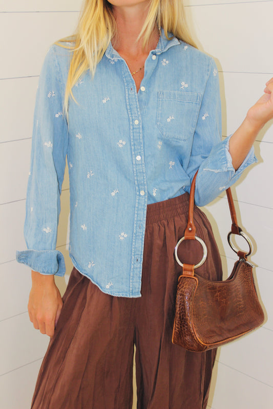 Sezane  | Chambray Embroidered Button Down, 34