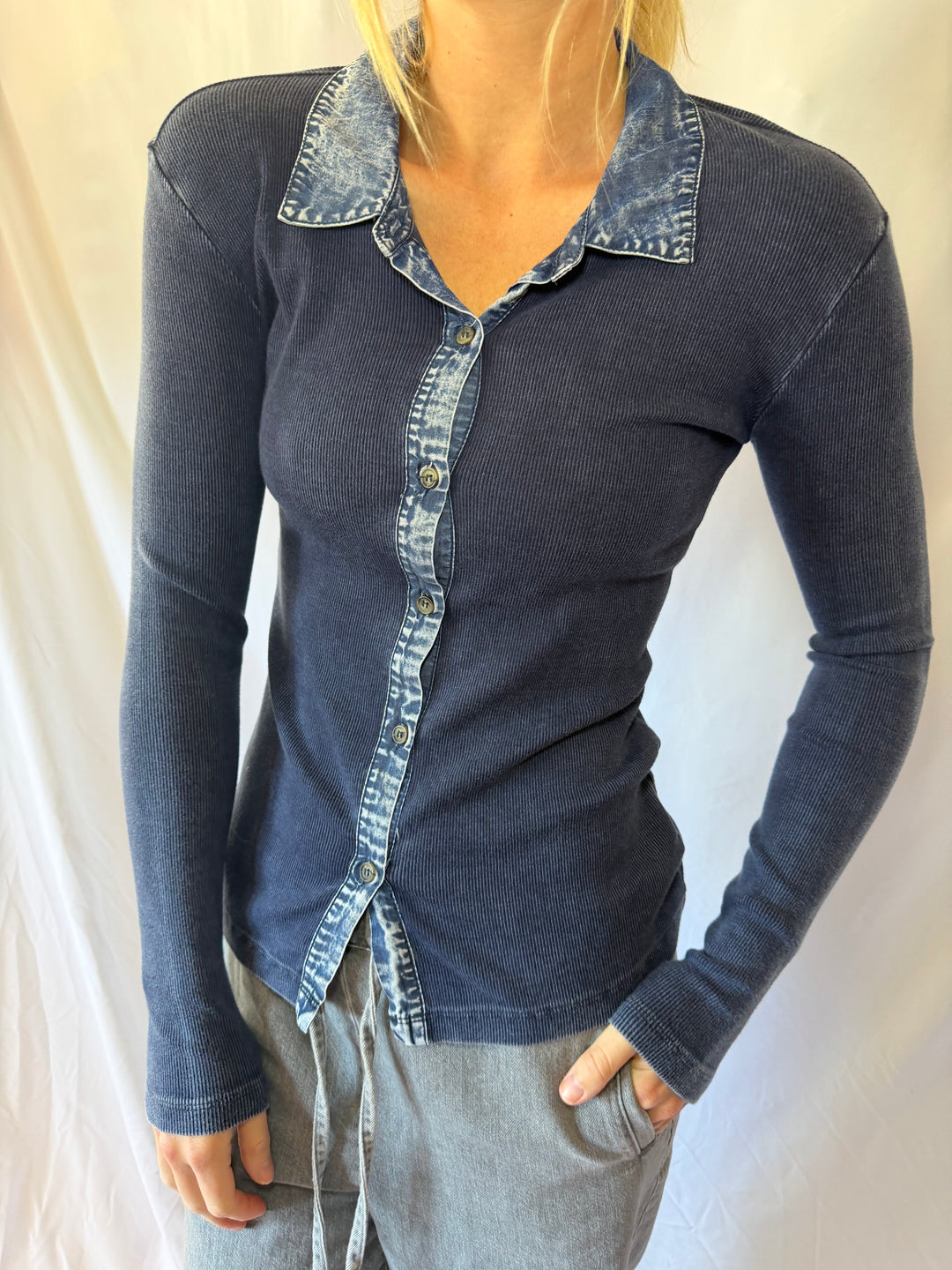 Red Haute | Rib Denim Collar Top, XS