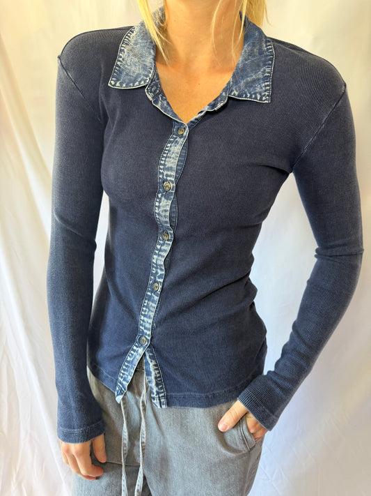 Red Haute | Rib Denim Collar Top, XS