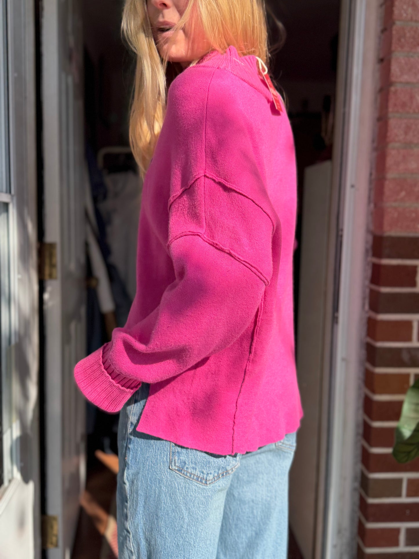 Maeve | Pink High Neck Sweater with Embroidered Heart, M