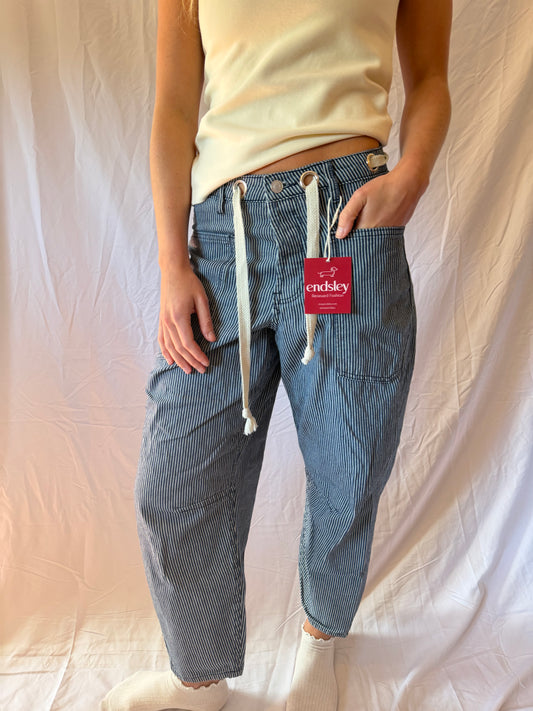 Cali 1850 | Striped Tie Waist Barrel Jeans, 27
