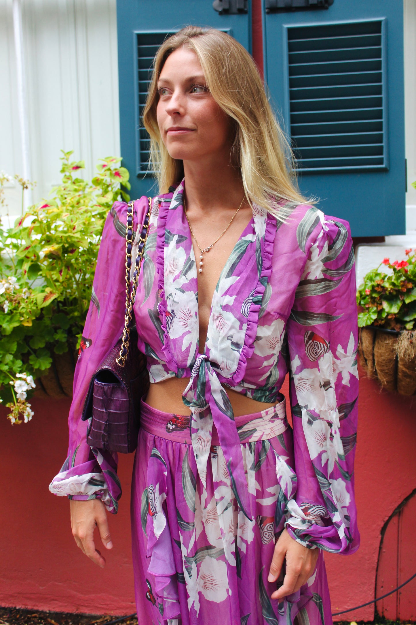 PATBO / Leva Bonaparte | Sheer Butterfly Print Tie Front Blouse + Maxi Skirt, M