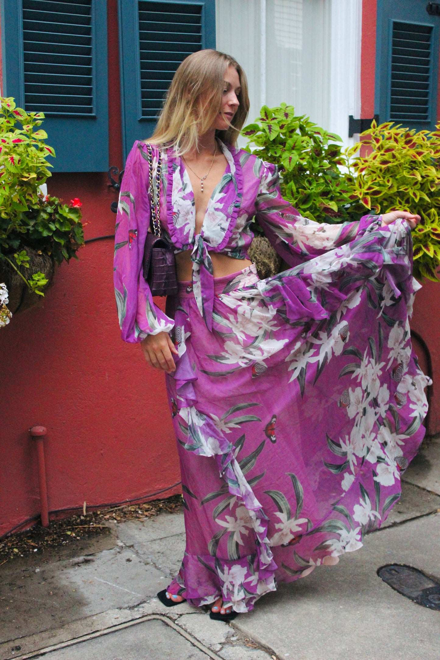 PATBO / Leva Bonaparte | Sheer Butterfly Print Tie Front Blouse + Maxi Skirt, M